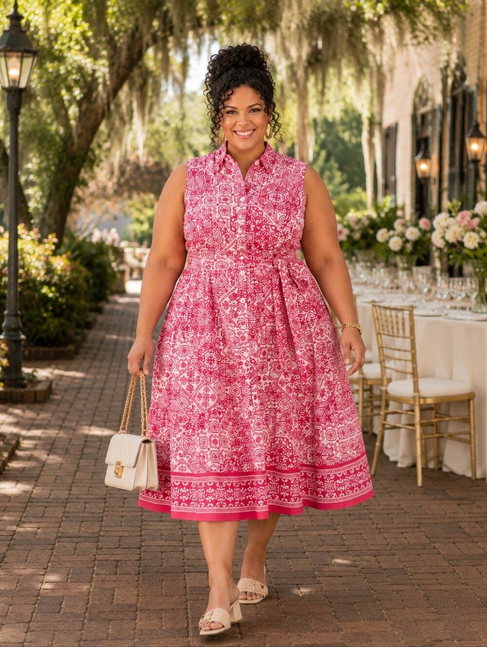 Jessica Howard NWT Plus Size Pink Printed Tie-Waist Midi Dress 18W